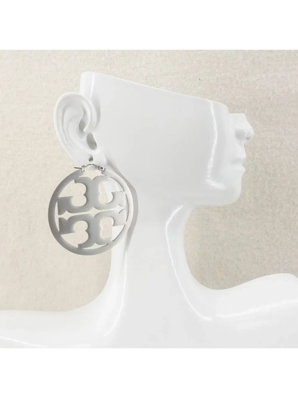 Tory Burch Miller Statement Logo Hoop Earrings Silver OS - Picture 5 of 9